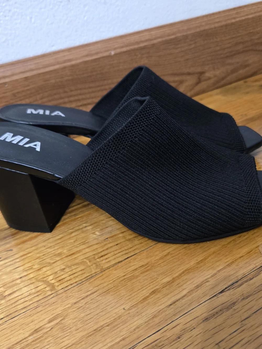 MIA Black Knit Open-Square Toe Block Heel Mule